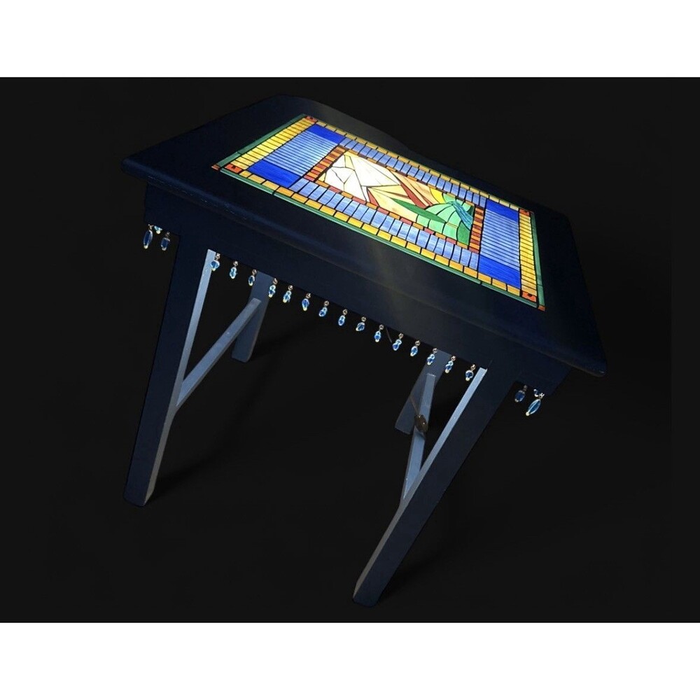 Lighted Stained Glass Accent End Table w/ Crystal Beaded Trim
